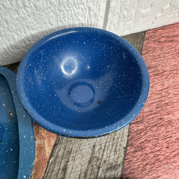 Set of 7 Vintage Blue Speckled Enamelware Graniteware Camp Cup Bowls & Trays - Picture 5 of 13